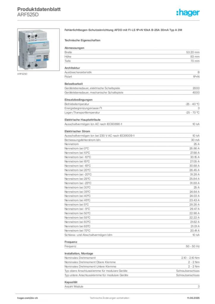 Bild Hager Produktdatenblatt ARF525D | Hager Schweiz