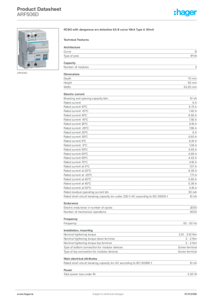 Image Hager Product data sheet ARF506D  | Hager