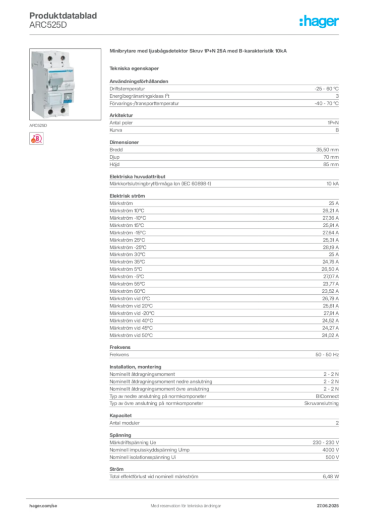 Bild Hager Produktdatablad ARC525D | Hager Sverige