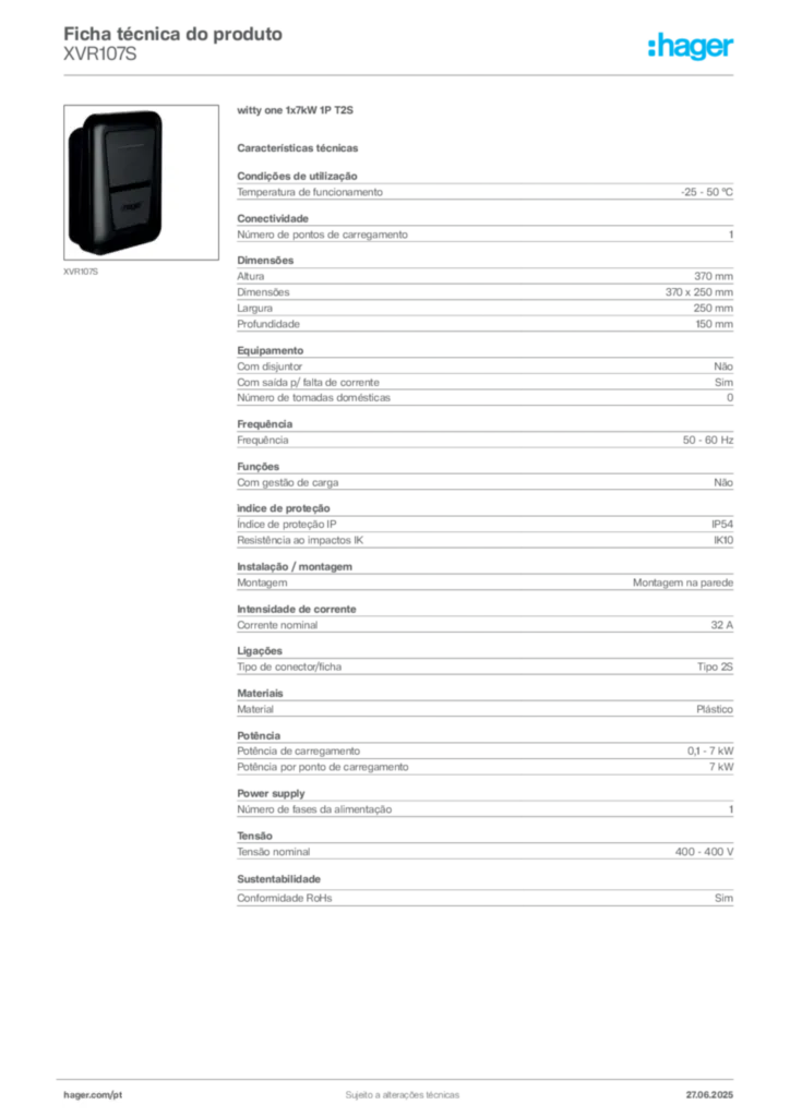 Imagem Hager Ficha técnica do produto XVR107S | Hager Portugal