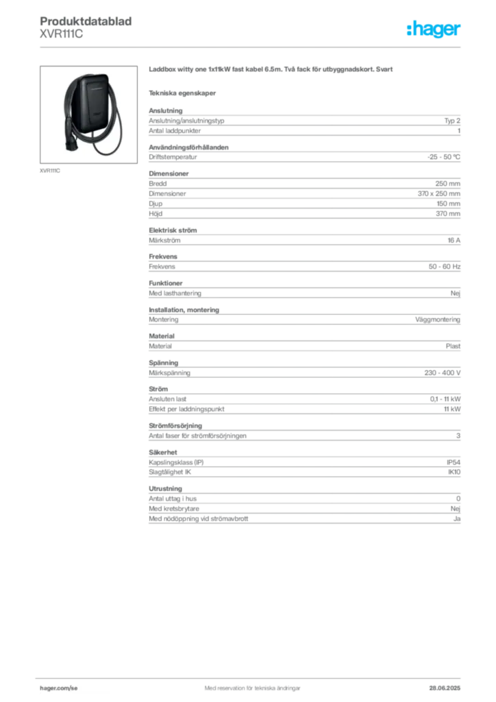 Bild Hager Produktdatablad XVR111C | Hager Sverige