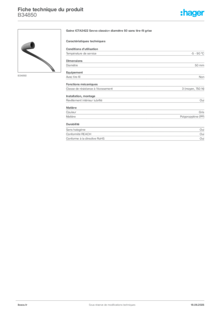 Image Iboco Fiche technique du produit B34850 | Hager France