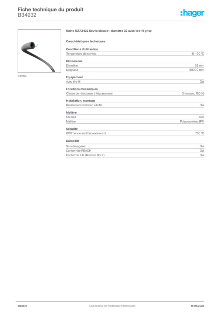 Image Iboco Fiche technique du produit B34932 | Hager France