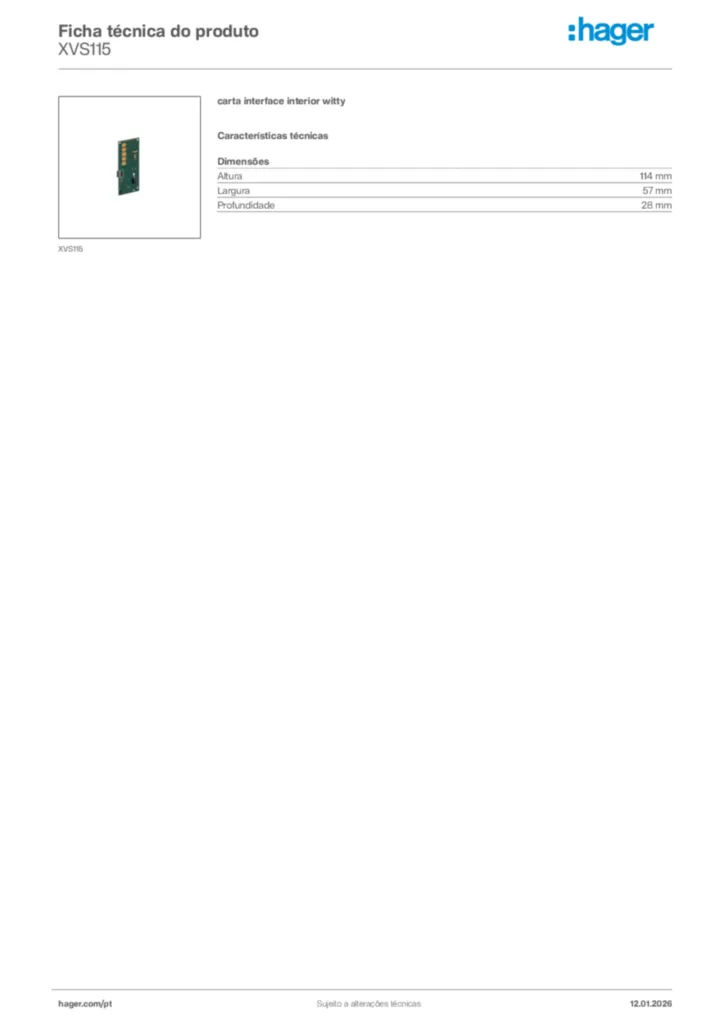 Imagem Hager Ficha técnica do produto XVS115 | Hager Portugal