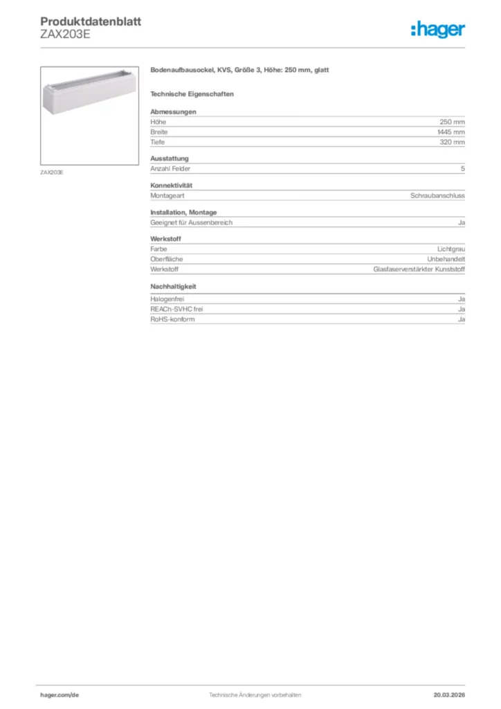 Bild Hager Produktdatenblatt ZAX203E | Hager Deutschland