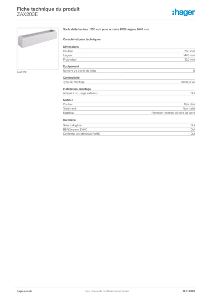 Image Hager Fiche technique du produit ZAX203E | Hager France