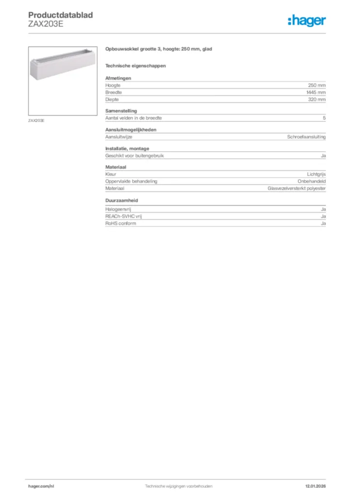 Afbeelding Hager Productdatablad ZAX203E | Hager Nederland