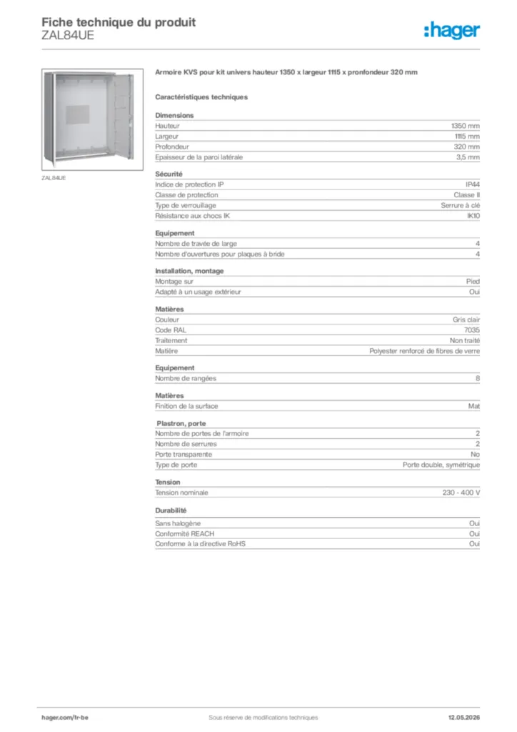 Image Hager Fiche technique du produit ZAL84UE | Hager Belgique