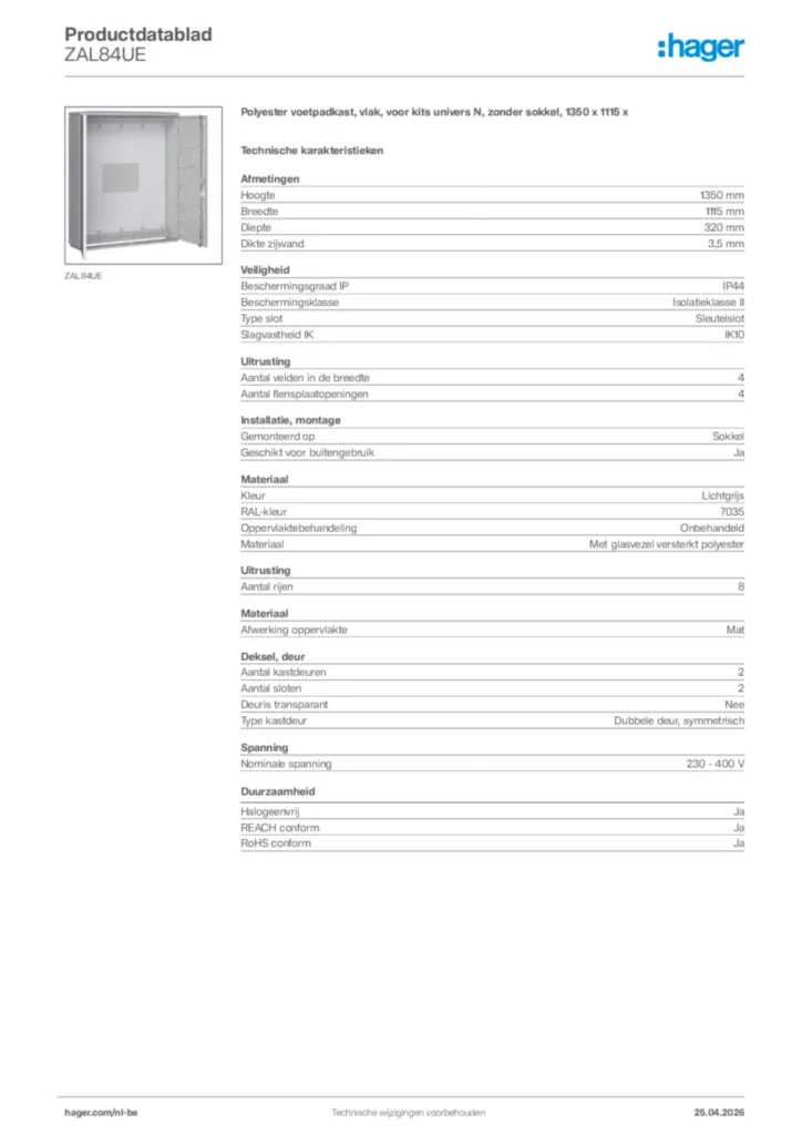 Afbeelding Hager Productdatablad ZAL84UE | Hager Belgium