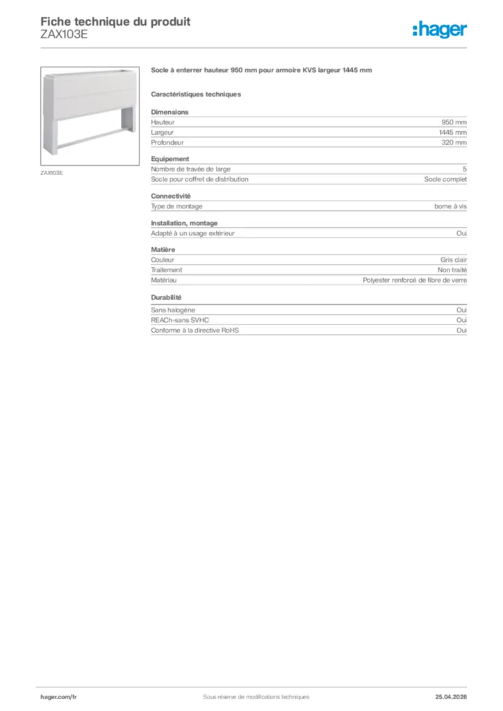 Image Hager Fiche technique du produit ZAX103E | Hager France
