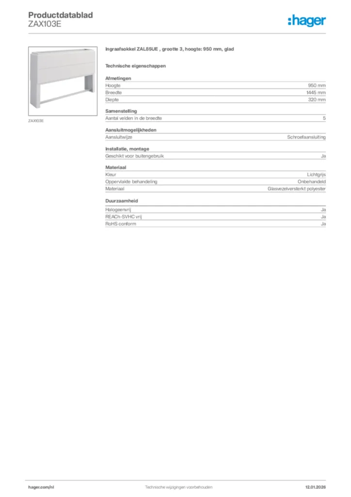 Afbeelding Hager Productdatablad ZAX103E | Hager Nederland