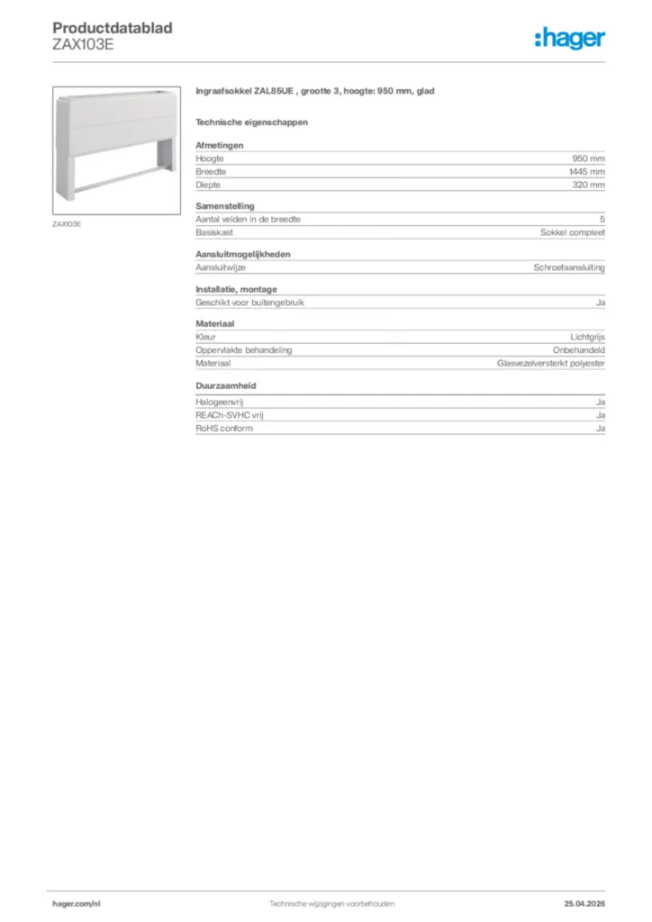 Afbeelding Hager Productdatablad ZAX103E | Hager Nederland