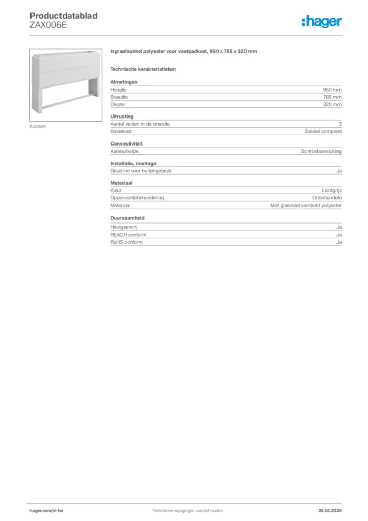 Afbeelding Hager Productdatablad ZAX006E | Hager Belgium
