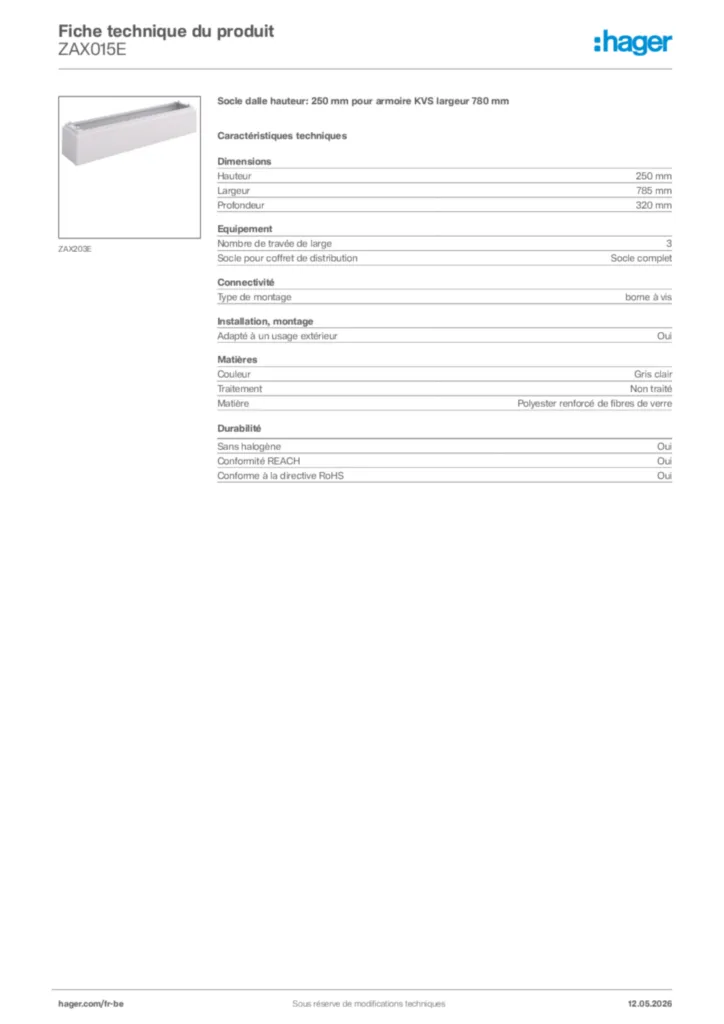 Image Hager Fiche technique du produit ZAX015E | Hager Belgique