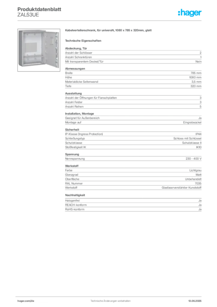Hager Produktdatenblatt ZAL53UE