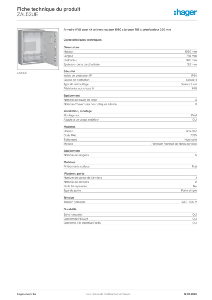 Image Hager Fiche technique du produit ZAL53UE | Hager Belgique