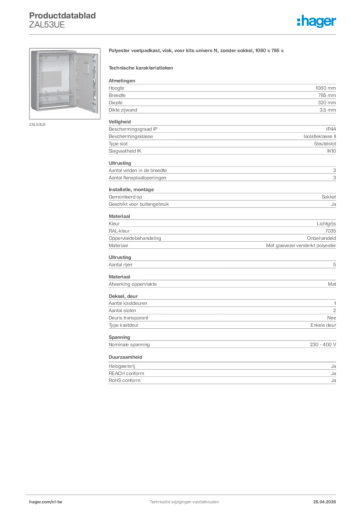 Afbeelding Hager Productdatablad ZAL53UE | Hager Belgium