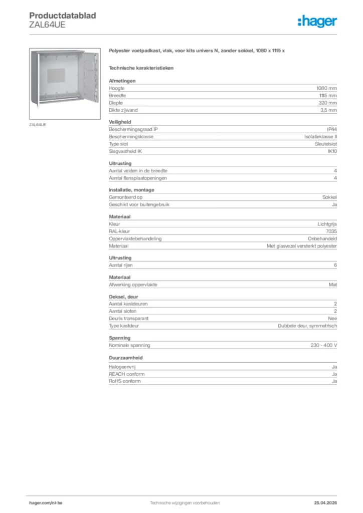 Afbeelding Hager Productdatablad ZAL64UE | Hager Belgium