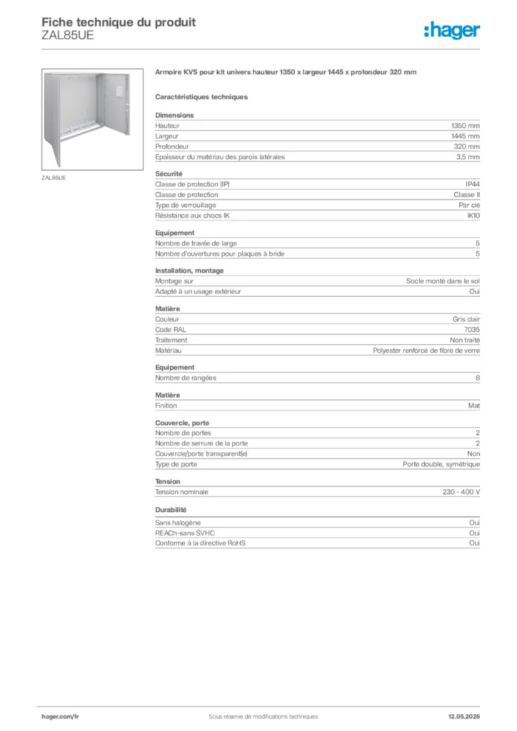 Image Hager Fiche technique du produit ZAL85UE | Hager France