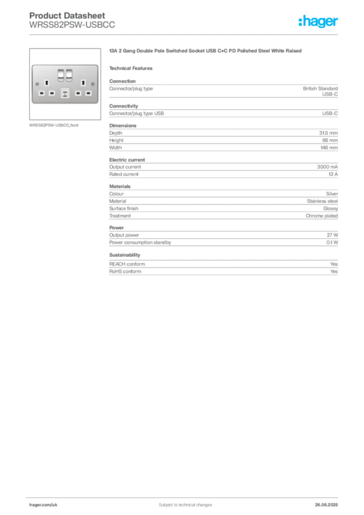 Image Hager Product data sheet WRSS82PSW-USBCC  | Hager