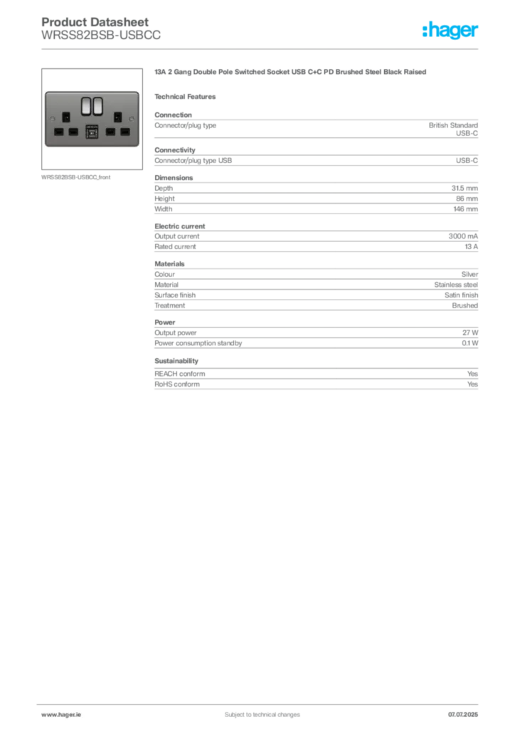 Image Hager Product data sheet WRSS82BSB-USBCC  | Hager