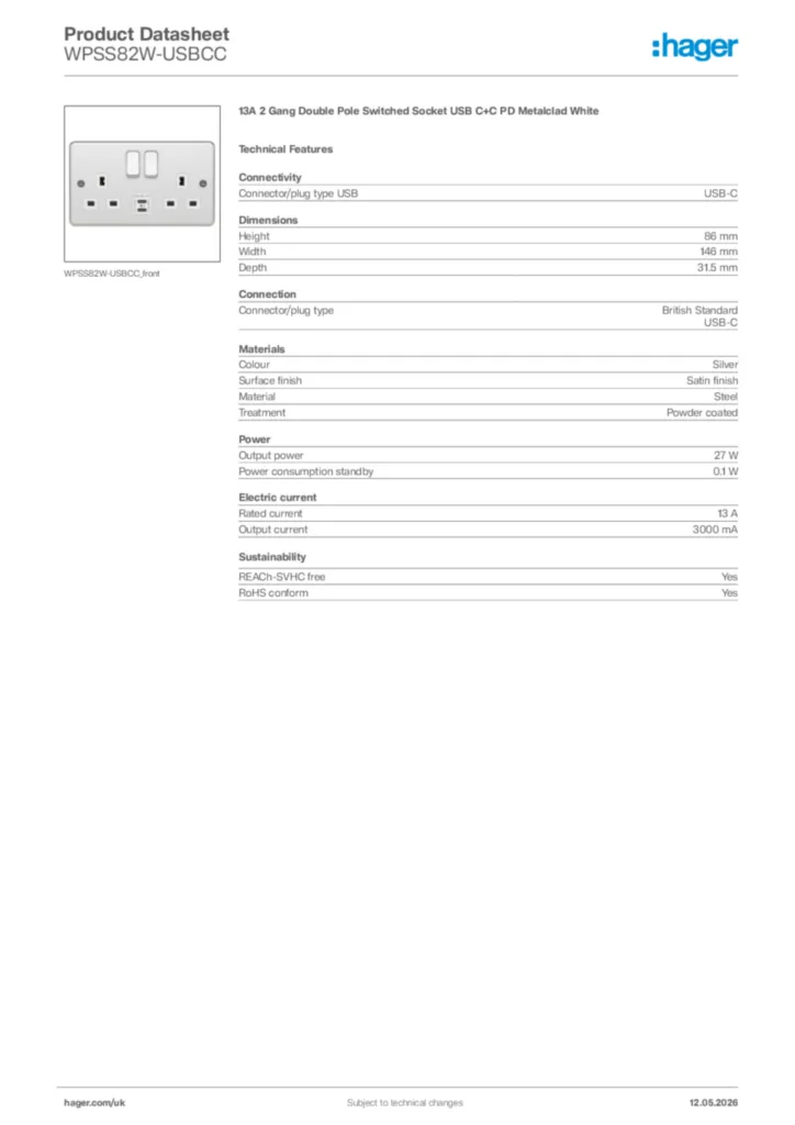 Image Hager Product data sheet WPSS82W-USBCC  | Hager