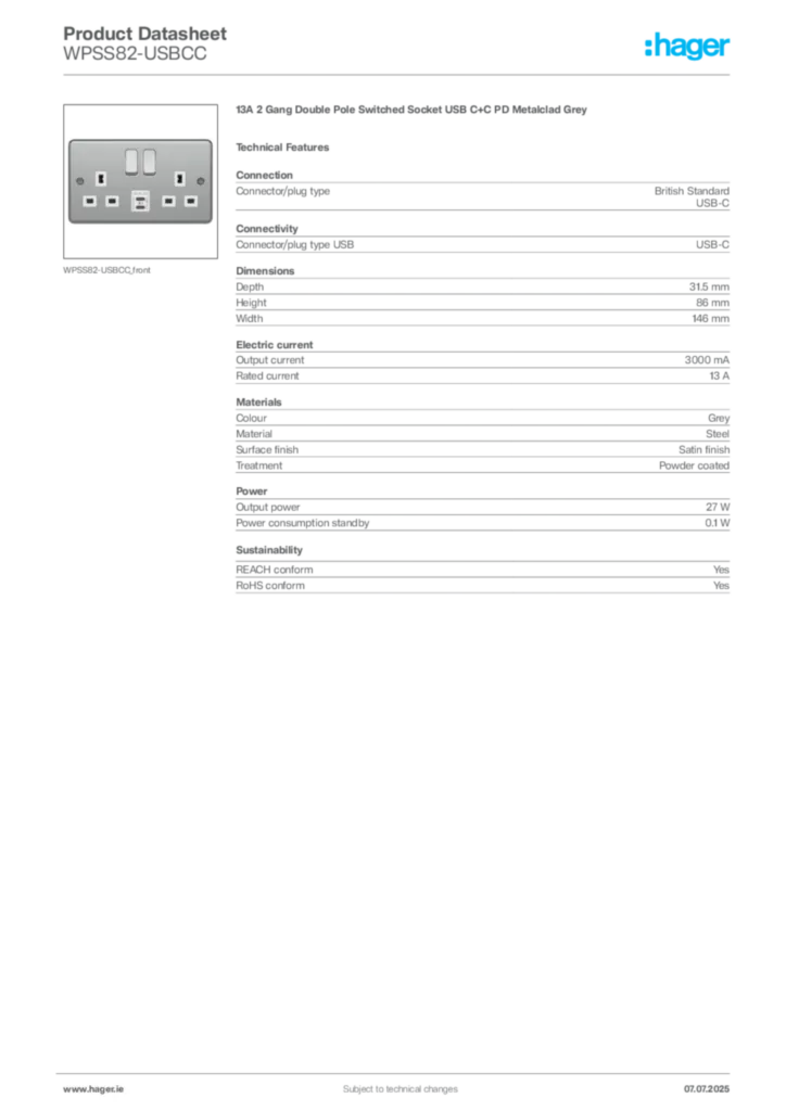 Image Hager Product data sheet WPSS82-USBCC  | Hager