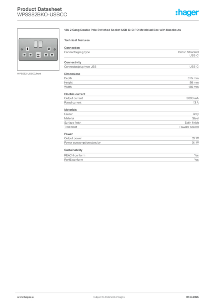 Image Hager Product data sheet WPSS82BKO-USBCC  | Hager