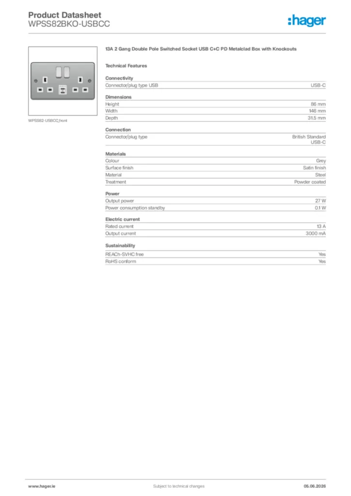 Image Hager Product data sheet WPSS82BKO-USBCC  | Hager
