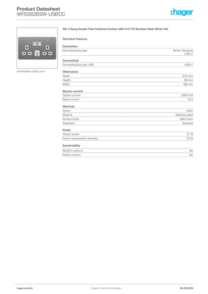 Image Hager Product data sheet WFSS82BSW-USBCC  | Hager