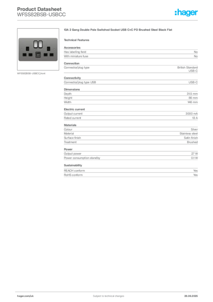 Image Hager Product data sheet WFSS82BSB-USBCC  | Hager