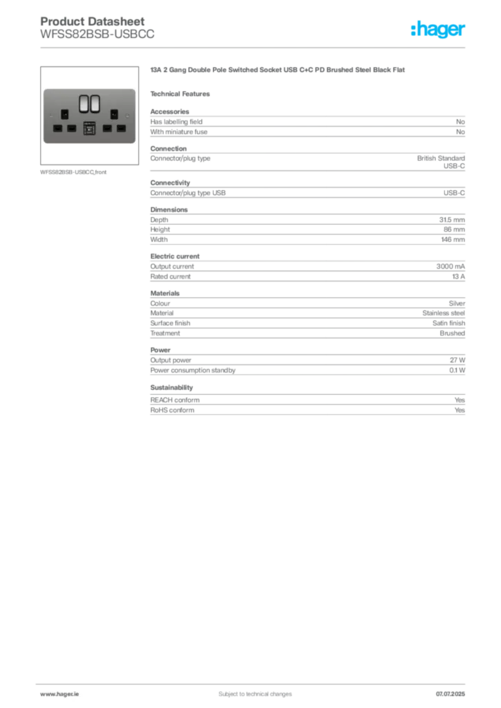 Image Hager Product data sheet WFSS82BSB-USBCC  | Hager