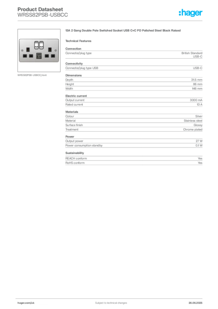 Image Hager Product data sheet WRSS82PSB-USBCC  | Hager