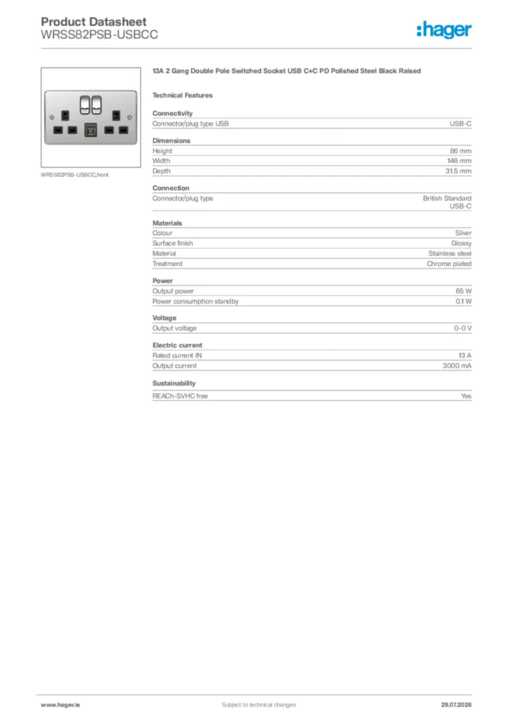 Image Hager Product data sheet WRSS82PSB-USBCC  | Hager