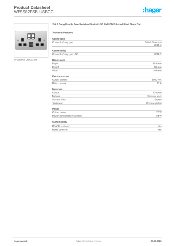 Image Hager Product data sheet WFSS82PSB-USBCC  | Hager
