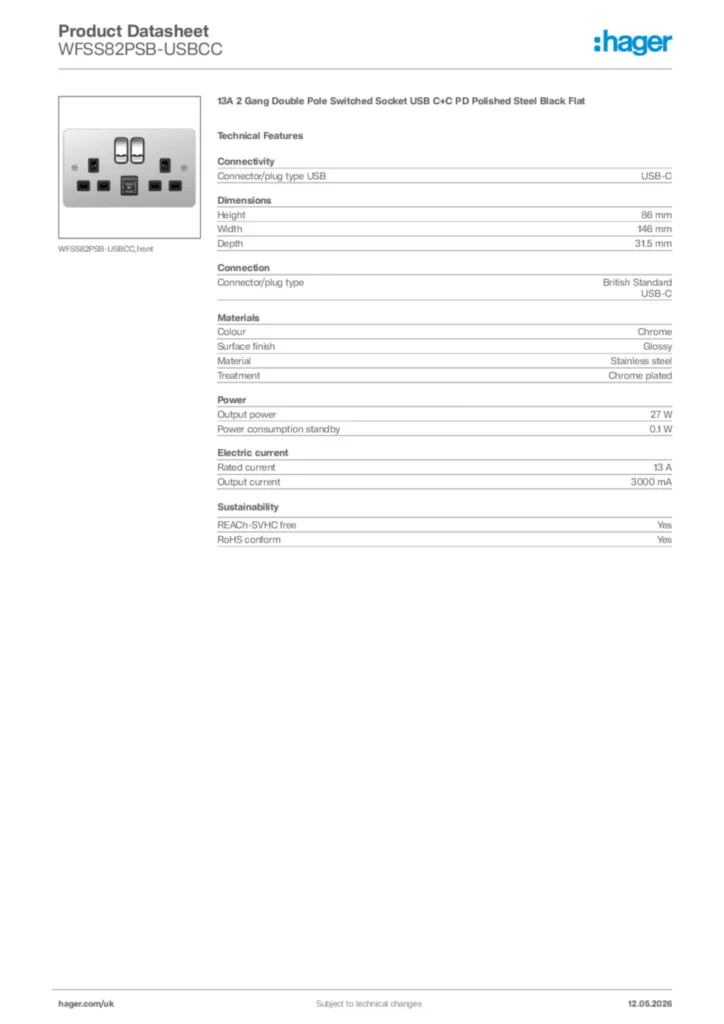Image Hager Product data sheet WFSS82PSB-USBCC  | Hager