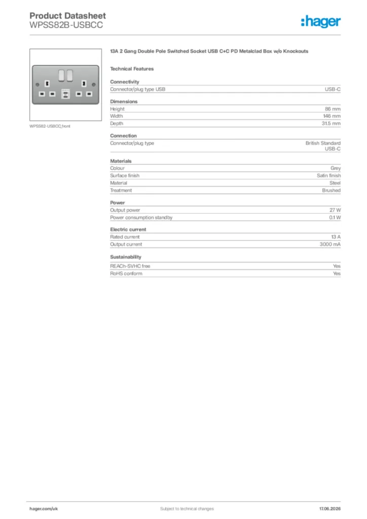 Image Hager Product data sheet WPSS82B-USBCC  | Hager