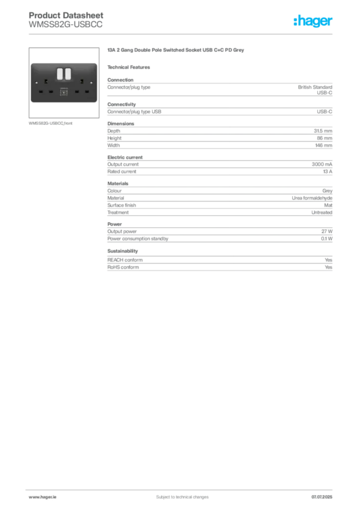 Image Hager Product data sheet WMSS82G-USBCC  | Hager