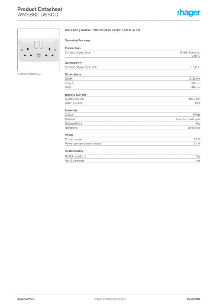 Image Hager Product data sheet WMSS82-USBCC  | Hager