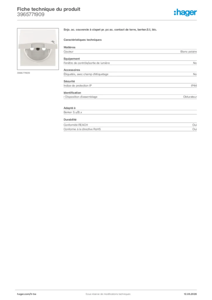 Image Hager Fiche technique du produit 3965771909 | Hager Belgique