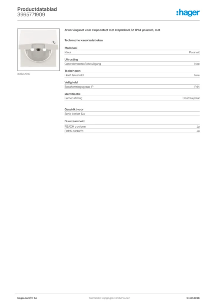 Afbeelding Hager Productdatablad 3965771909 | Hager Belgium