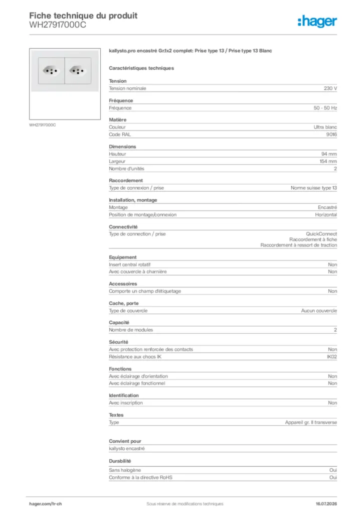 Image Hager Fiche technique du produit WH27917000C | Hager Suisse