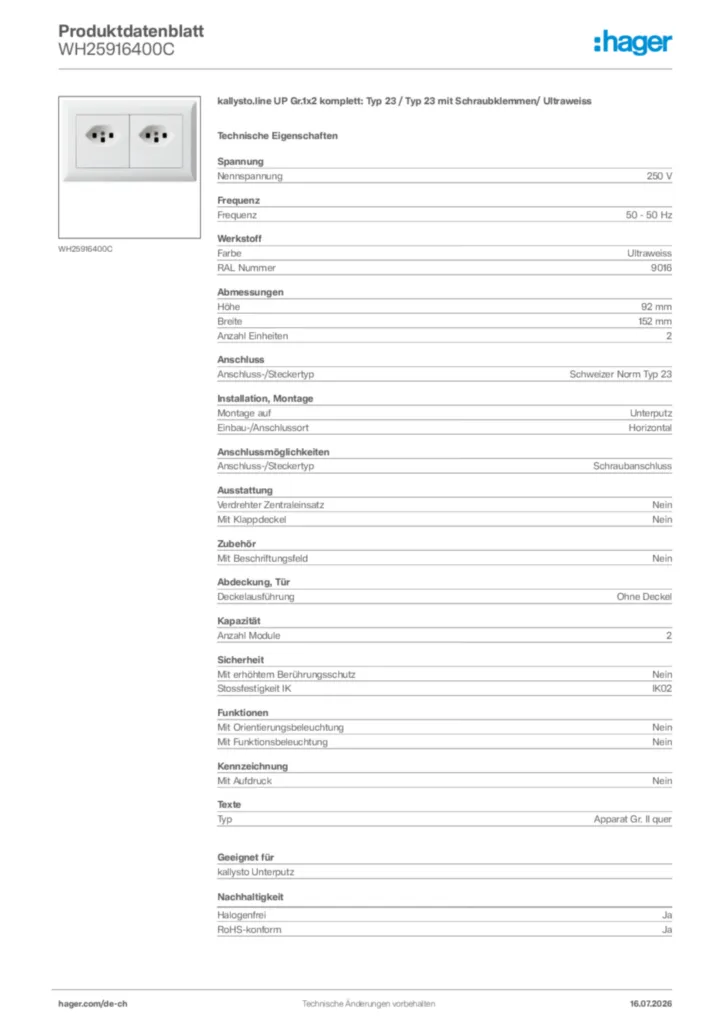 Bild Hager Produktdatenblatt WH25916400C | Hager Schweiz
