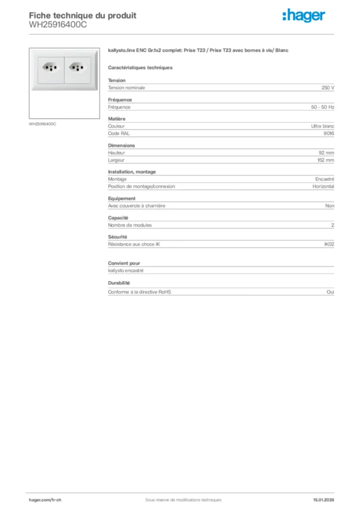 Image Hager Fiche technique du produit WH25916400C | Hager Suisse