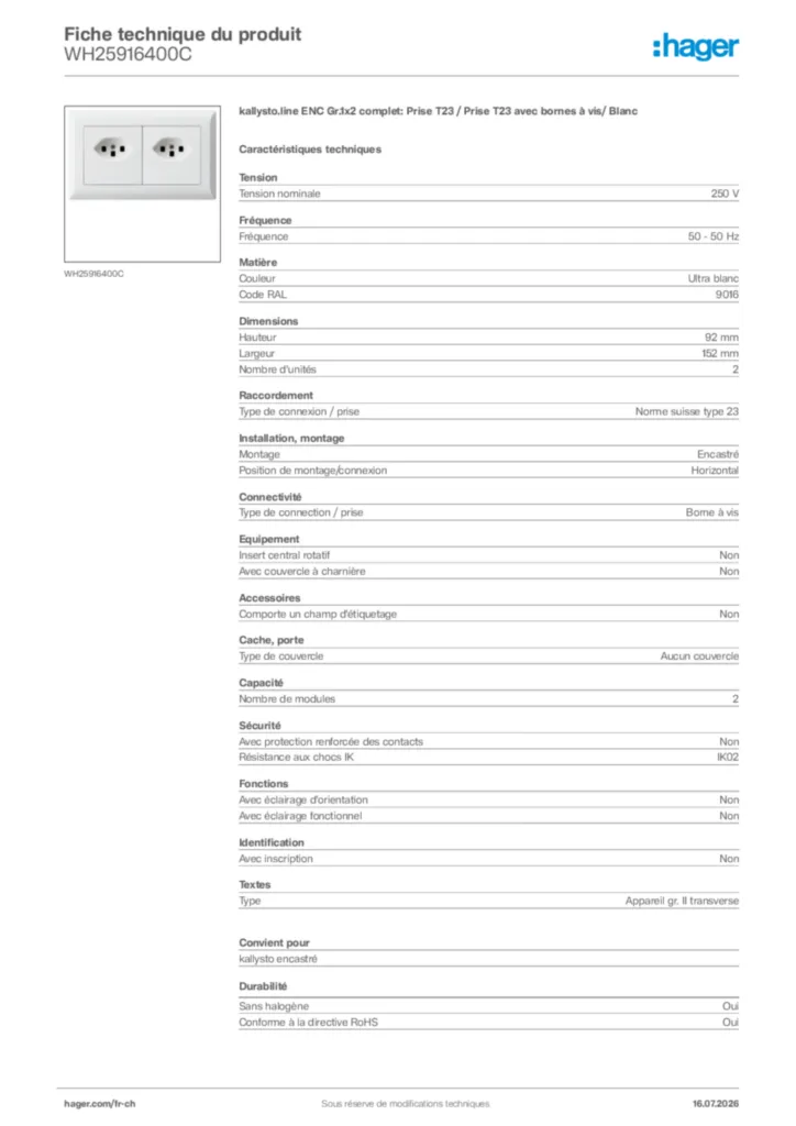 Image Hager Fiche technique du produit WH25916400C | Hager Suisse