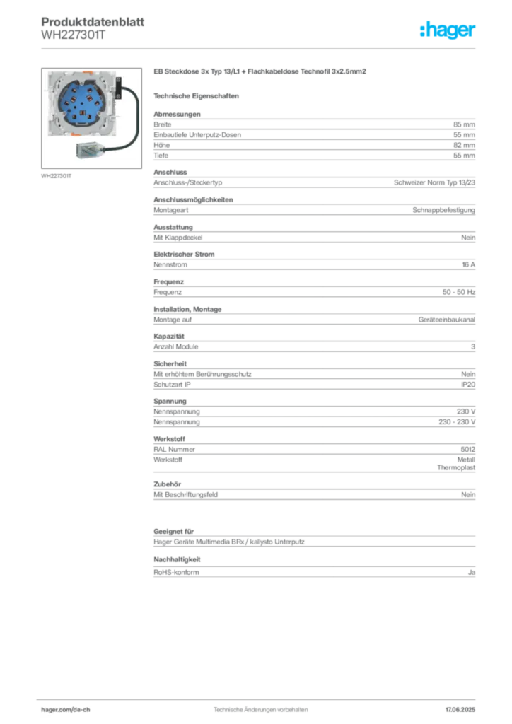 Bild Hager Produktdatenblatt WH227301T | Hager Schweiz