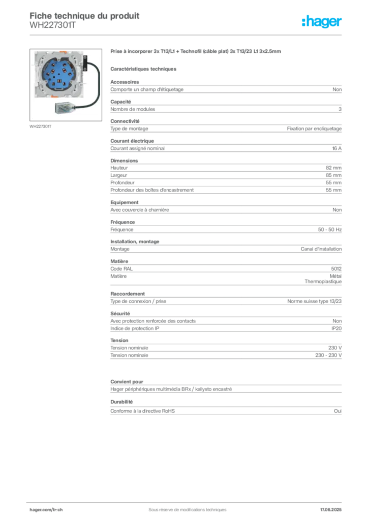 Image Hager Fiche technique du produit WH227301T | Hager Suisse