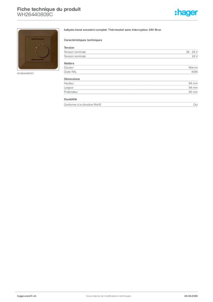 Image Hager Fiche technique du produit WH26440809C | Hager Suisse