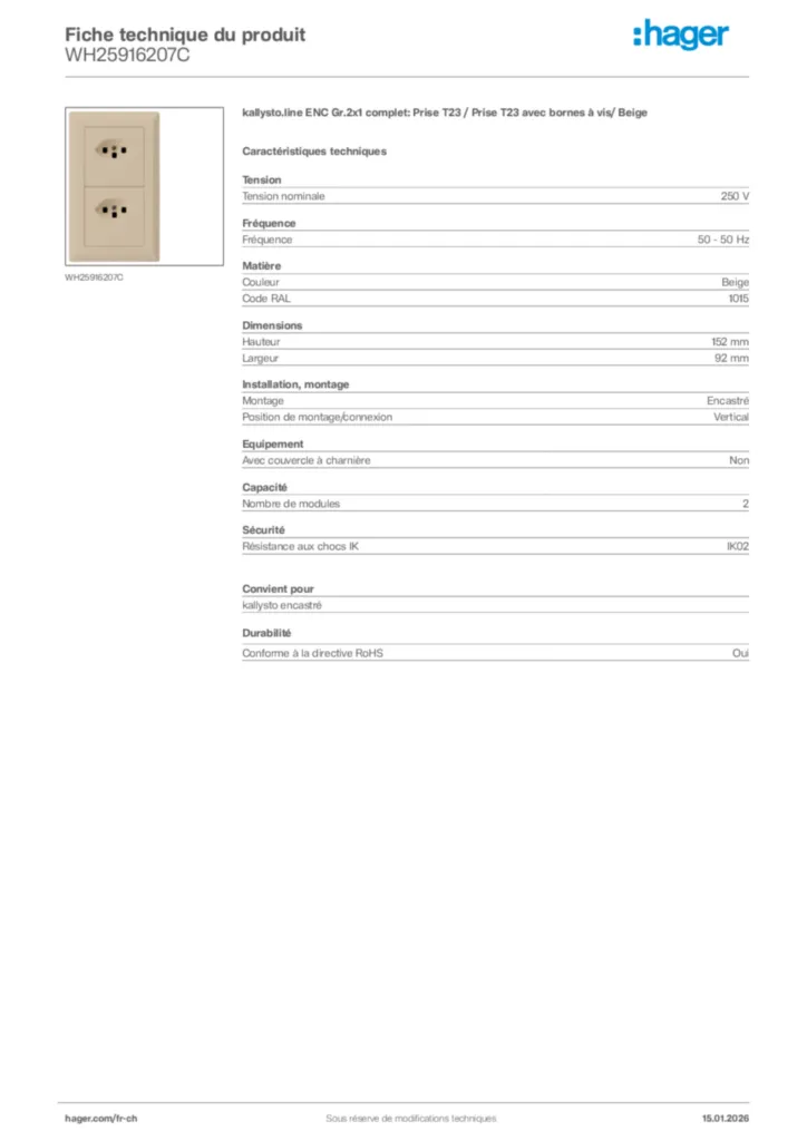 Image Hager Fiche technique du produit WH25916207C | Hager Suisse