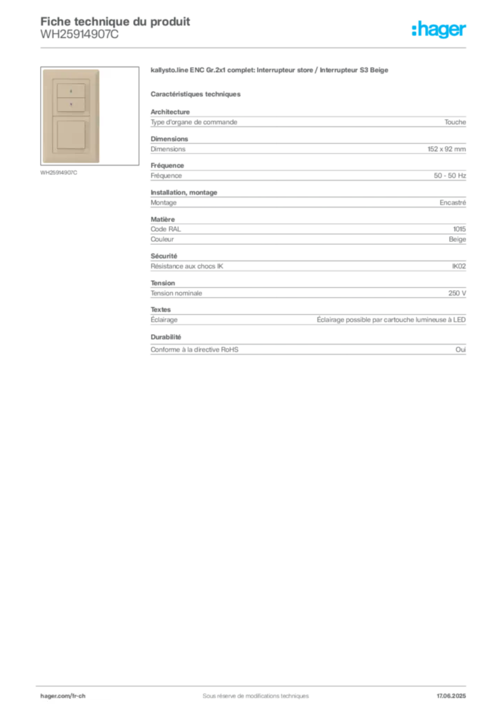 Image Hager Fiche technique du produit WH25914907C | Hager Suisse